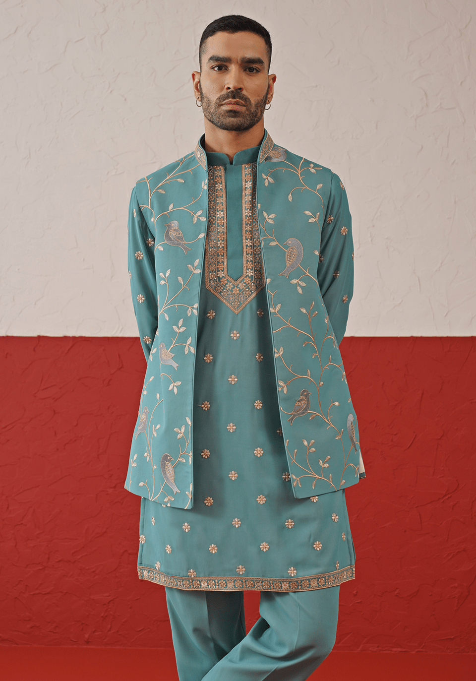 Teal Embroidered Kurta Set With Jacket Kalpraag - Fabilicious Fashion