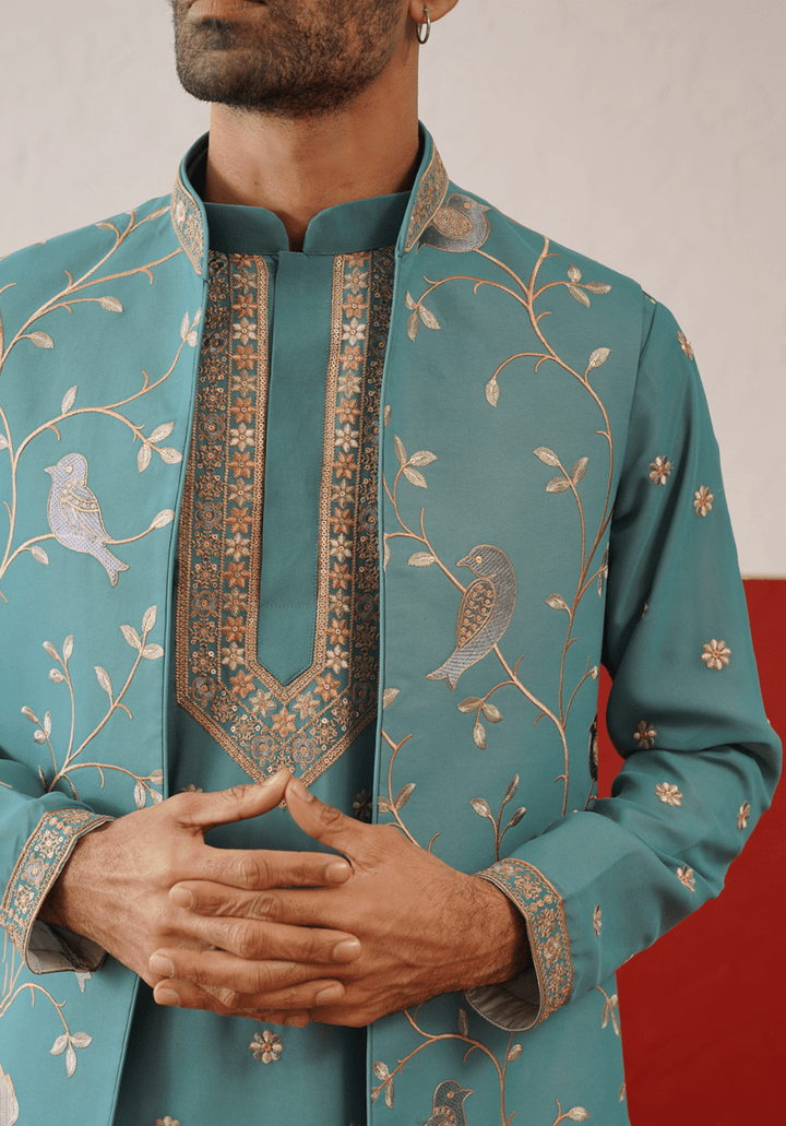 Teal Embroidered Kurta Set With Jacket Kalpraag - Fabilicious Fashion