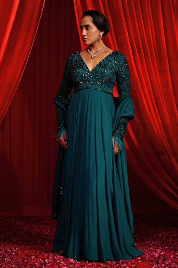 Nidhika Shekhar teal green chiffon anarkali for mother of the bride at a sangeet