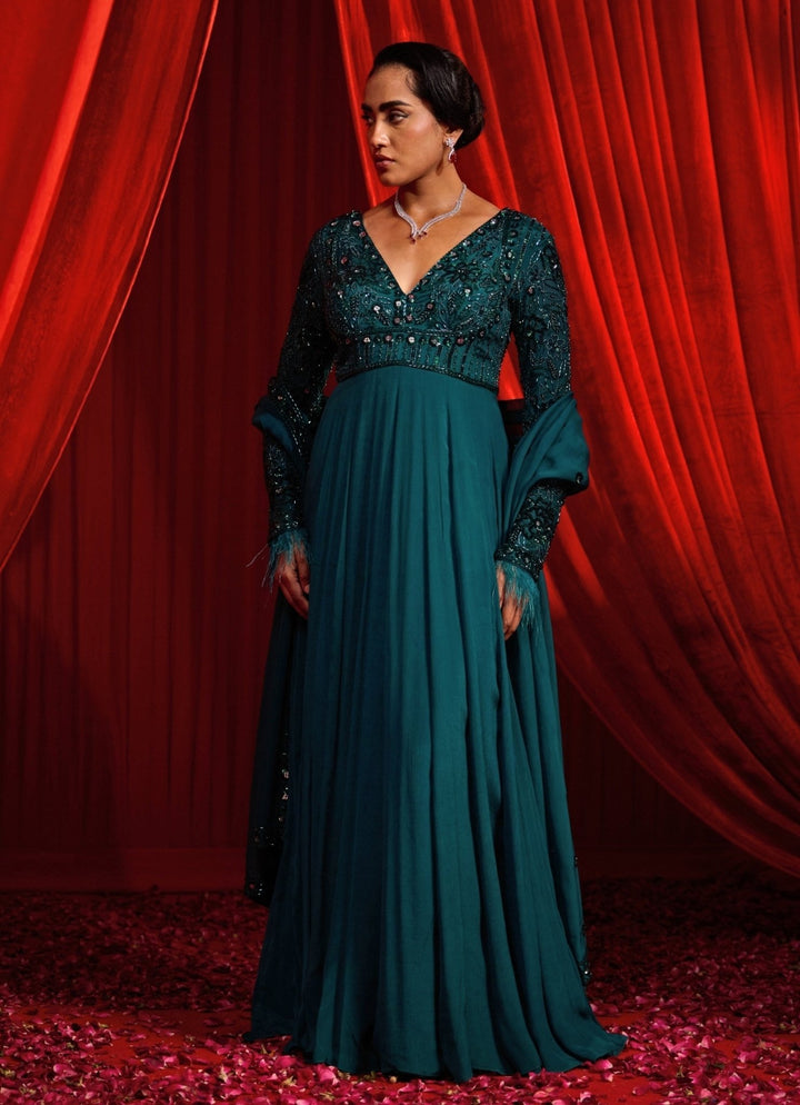 Nidhika Shekhar Teal Green Chiffon AnarkaliFabilicious Fashion