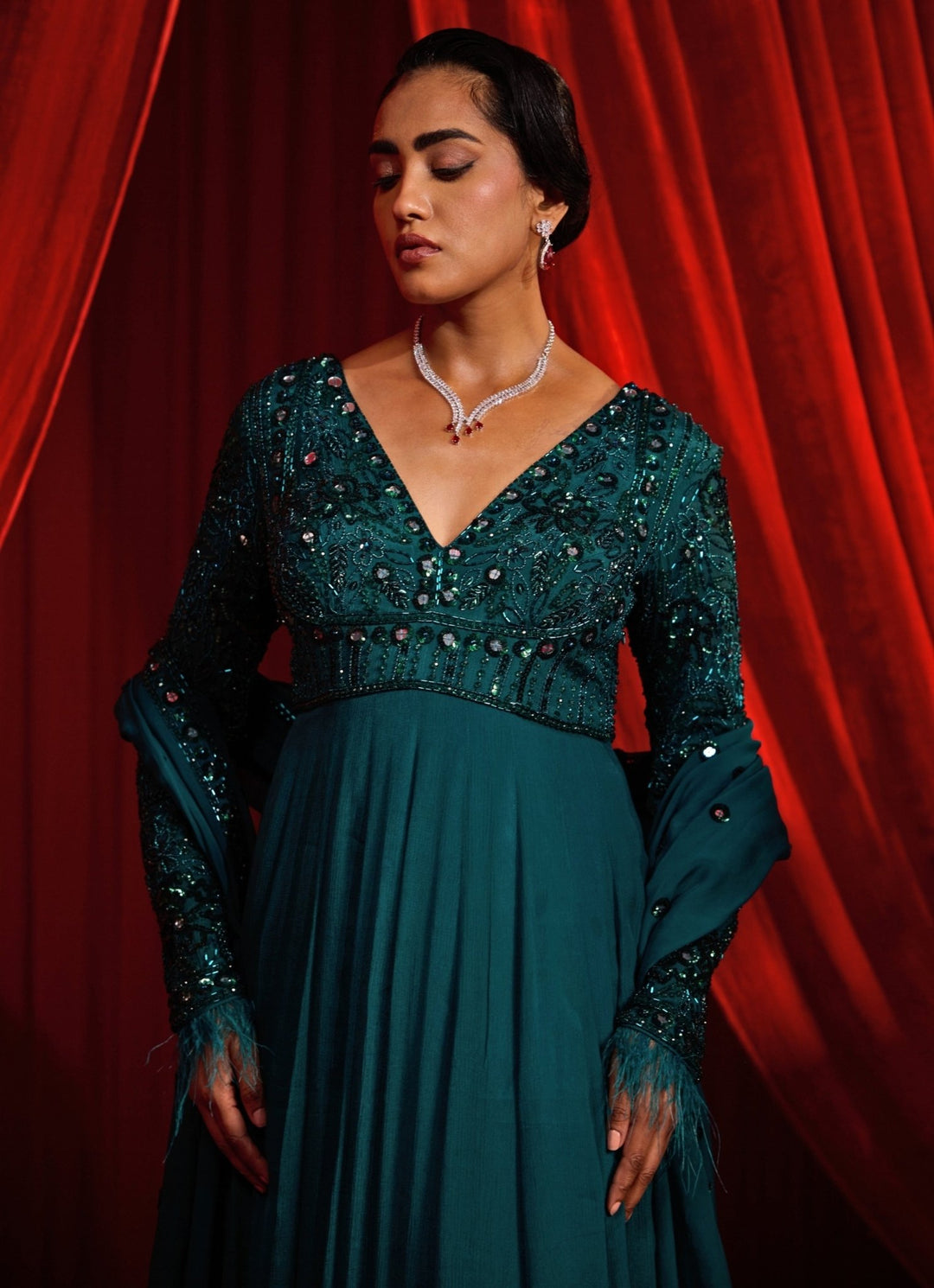 Nidhika Shekhar Teal Green Chiffon AnarkaliFabilicious Fashion
