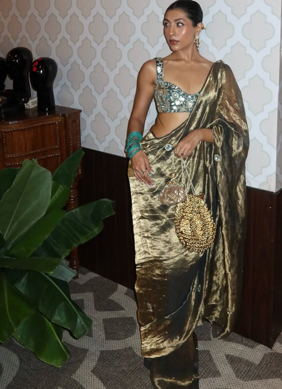 Teal Green Dual - Tone Tissue Saree Set Zoon Tribe - Fabilicious Fashion