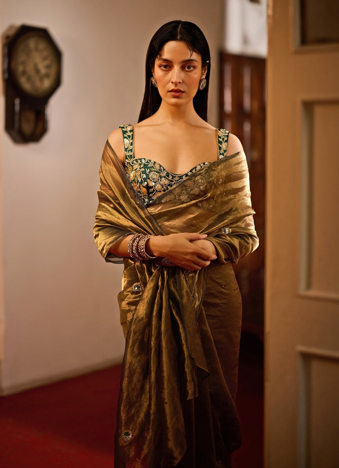 Teal Green Dual - Tone Tissue Saree Set Zoon Tribe - Fabilicious Fashion