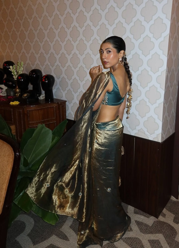 Teal Green Dual - Tone Tissue Saree Set Zoon Tribe - Fabilicious Fashion