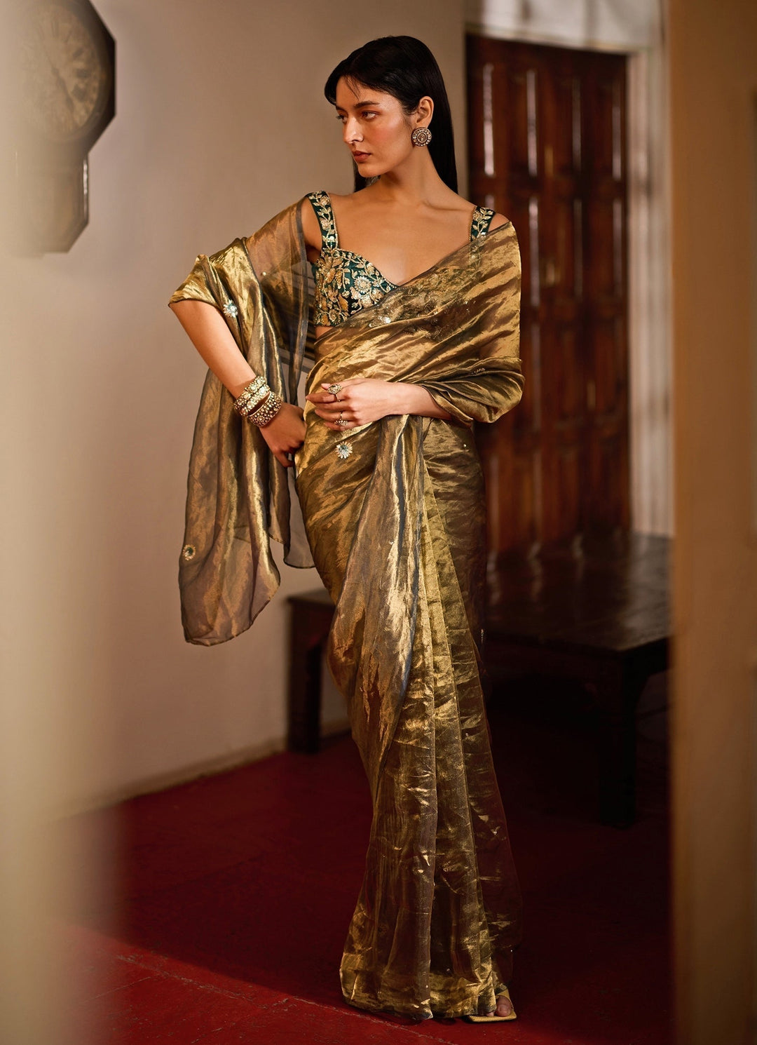 Teal Green Dual - Tone Tissue Saree Set Zoon Tribe - Fabilicious Fashion