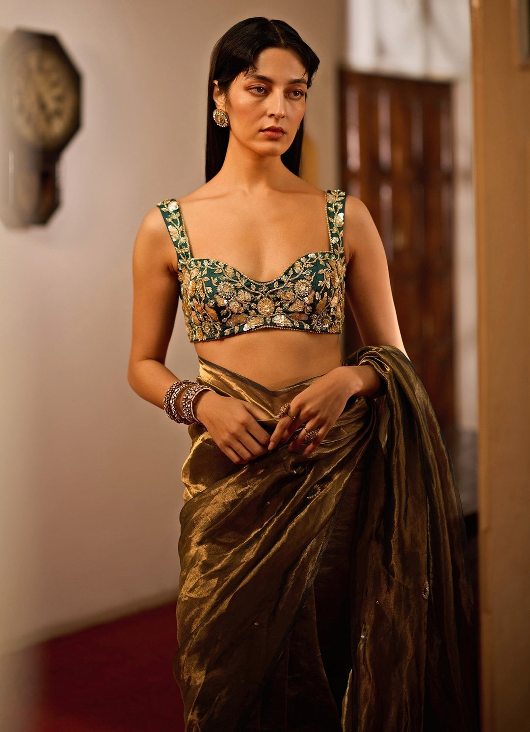 Teal Green Dual - Tone Tissue Saree Set Zoon Tribe - Fabilicious Fashion