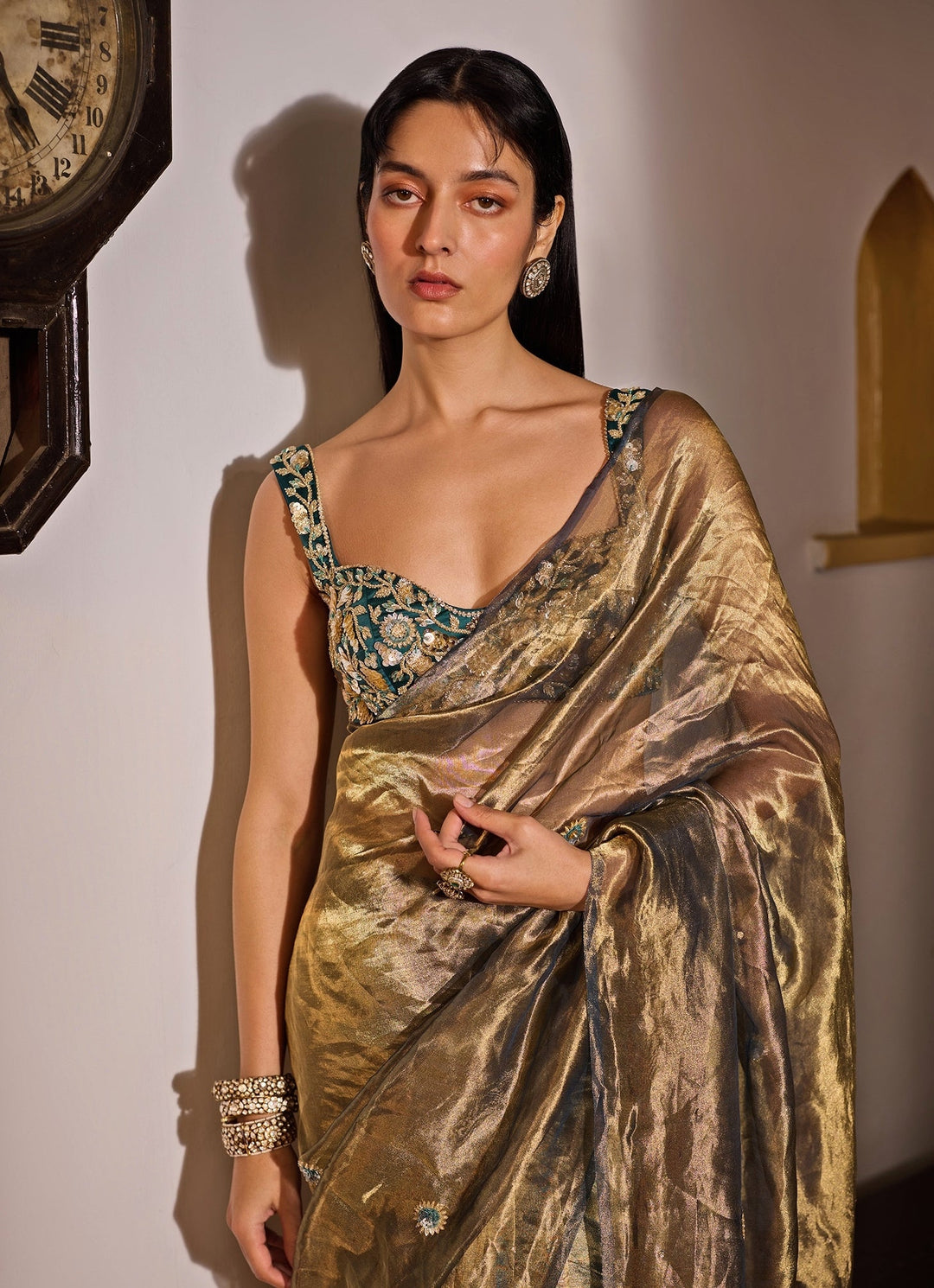 Teal Green Dual - Tone Tissue Saree Set Zoon Tribe - Fabilicious Fashion
