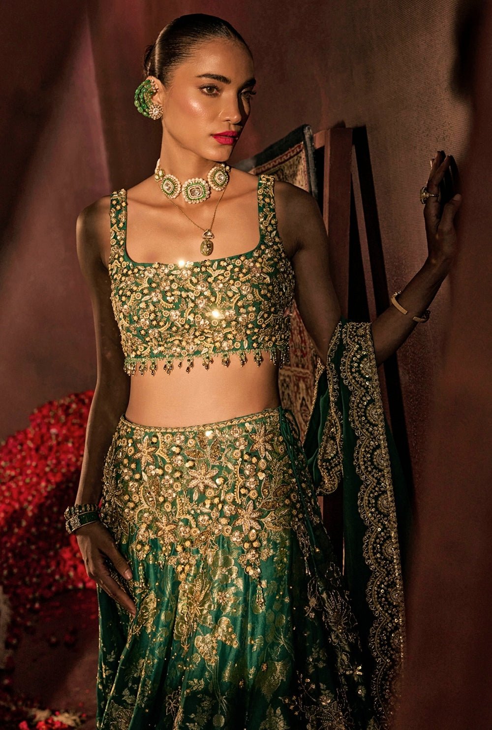 Teal Green Embroidered Brocade Silk Lehenga Set Prevasu - Fabilicious Fashion