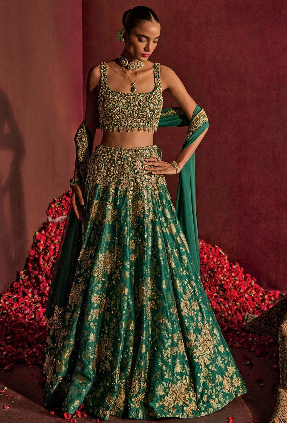 Teal green embroidered brocade silk lehenga set by Prevasu, a festive mehendi outfit for women