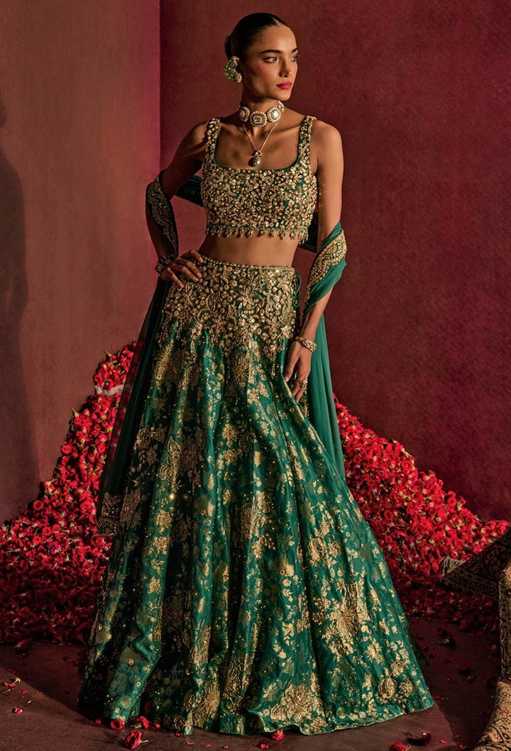 Teal Green Embroidered Brocade Silk Lehenga Set Prevasu - Fabilicious Fashion