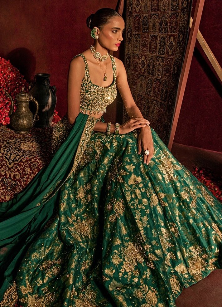 Teal Green Embroidered Brocade Silk Lehenga Set Prevasu - Fabilicious Fashion
