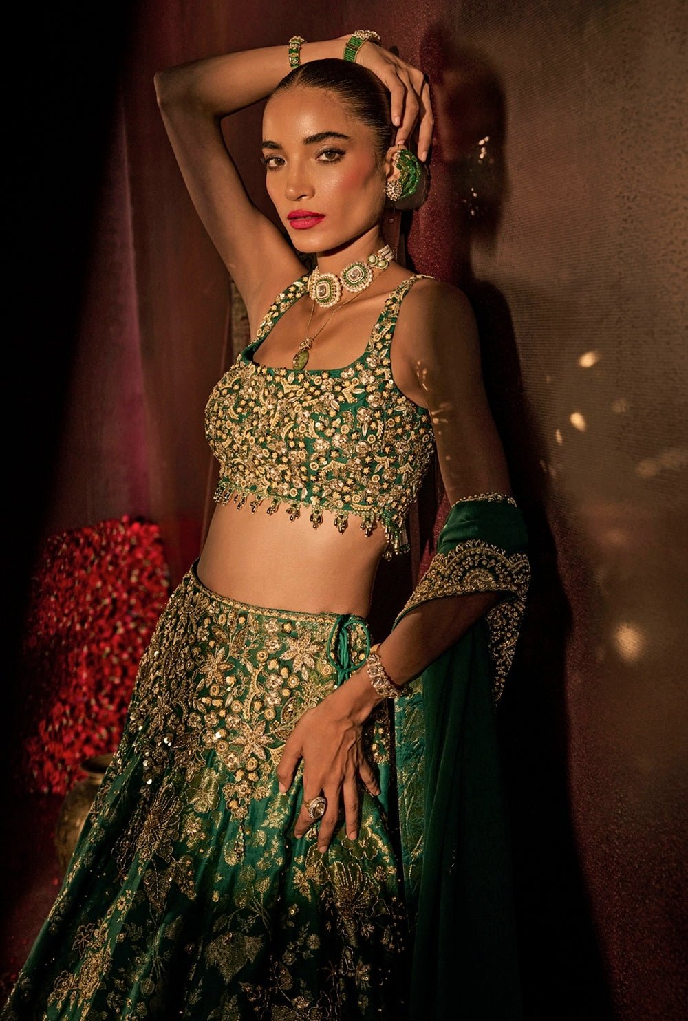 Teal Green Embroidered Brocade Silk Lehenga Set Prevasu - Fabilicious Fashion