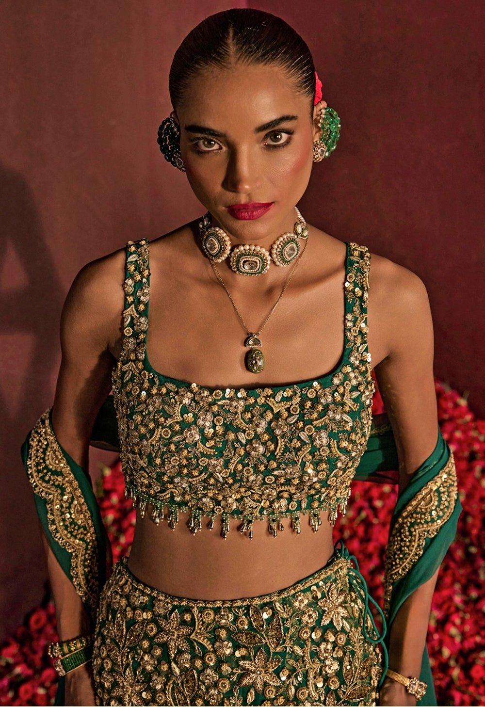 Teal Green Embroidered Brocade Silk Lehenga Set Prevasu - Fabilicious Fashion