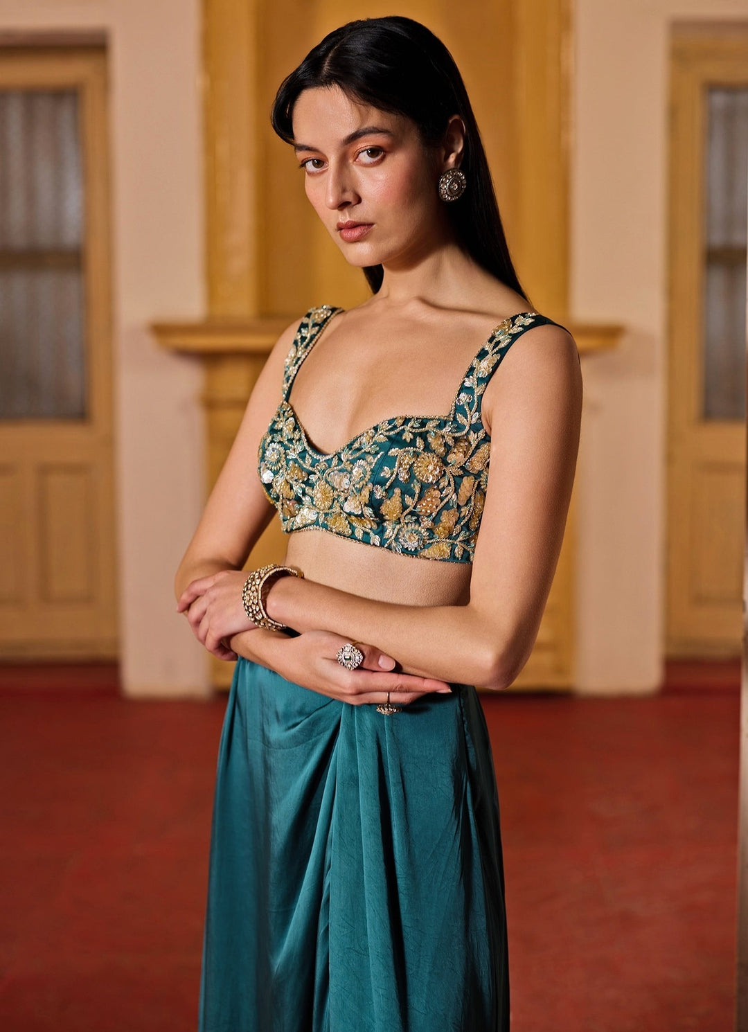 Teal Green Embroidered Slit Skirt Set With Jacket Zoon Tribe - Fabilicious Fashion