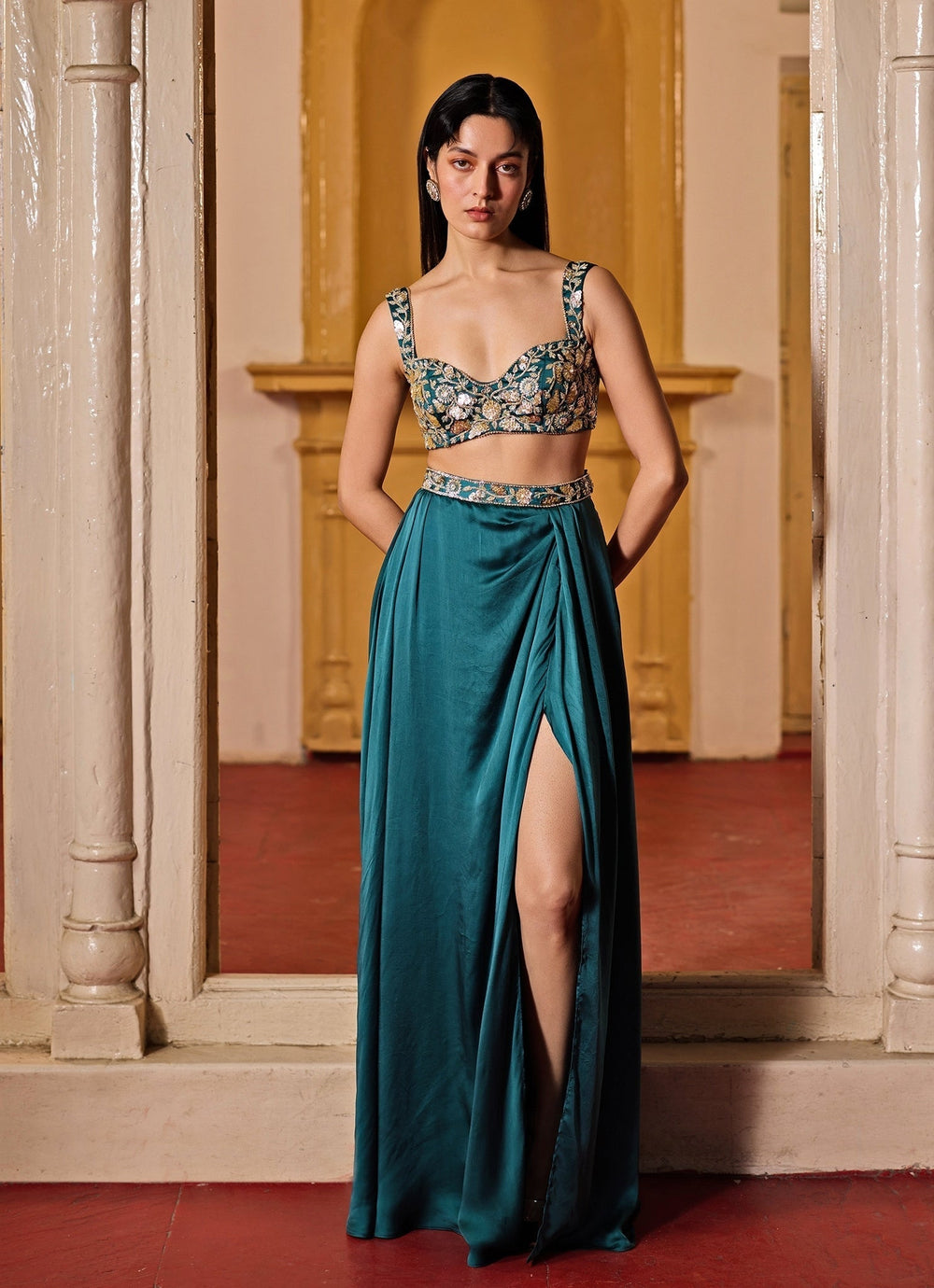 Teal Green Embroidered Slit Skirt Set With Jacket Zoon Tribe - Fabilicious Fashion