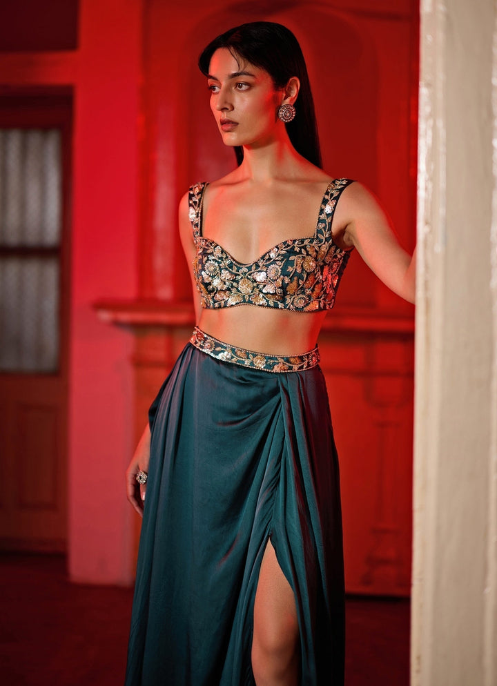 Teal Green Embroidered Slit Skirt Set With Jacket Zoon Tribe - Fabilicious Fashion