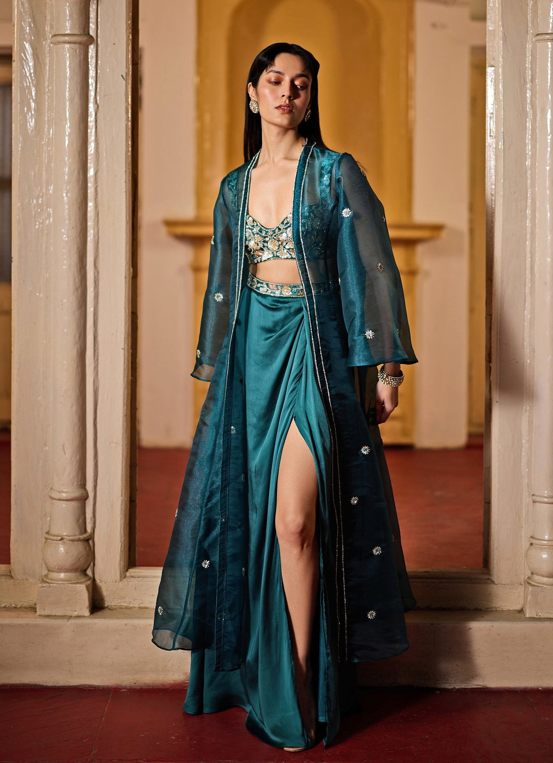 Teal Green Embroidered Slit Skirt Set With Jacket Zoon Tribe - Fabilicious Fashion