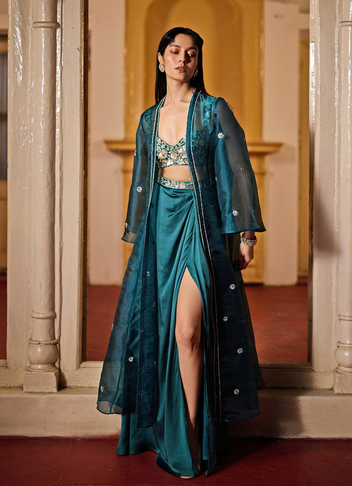 Teal Green Embroidered Slit Skirt Set With Jacket Zoon Tribe - Fabilicious Fashion