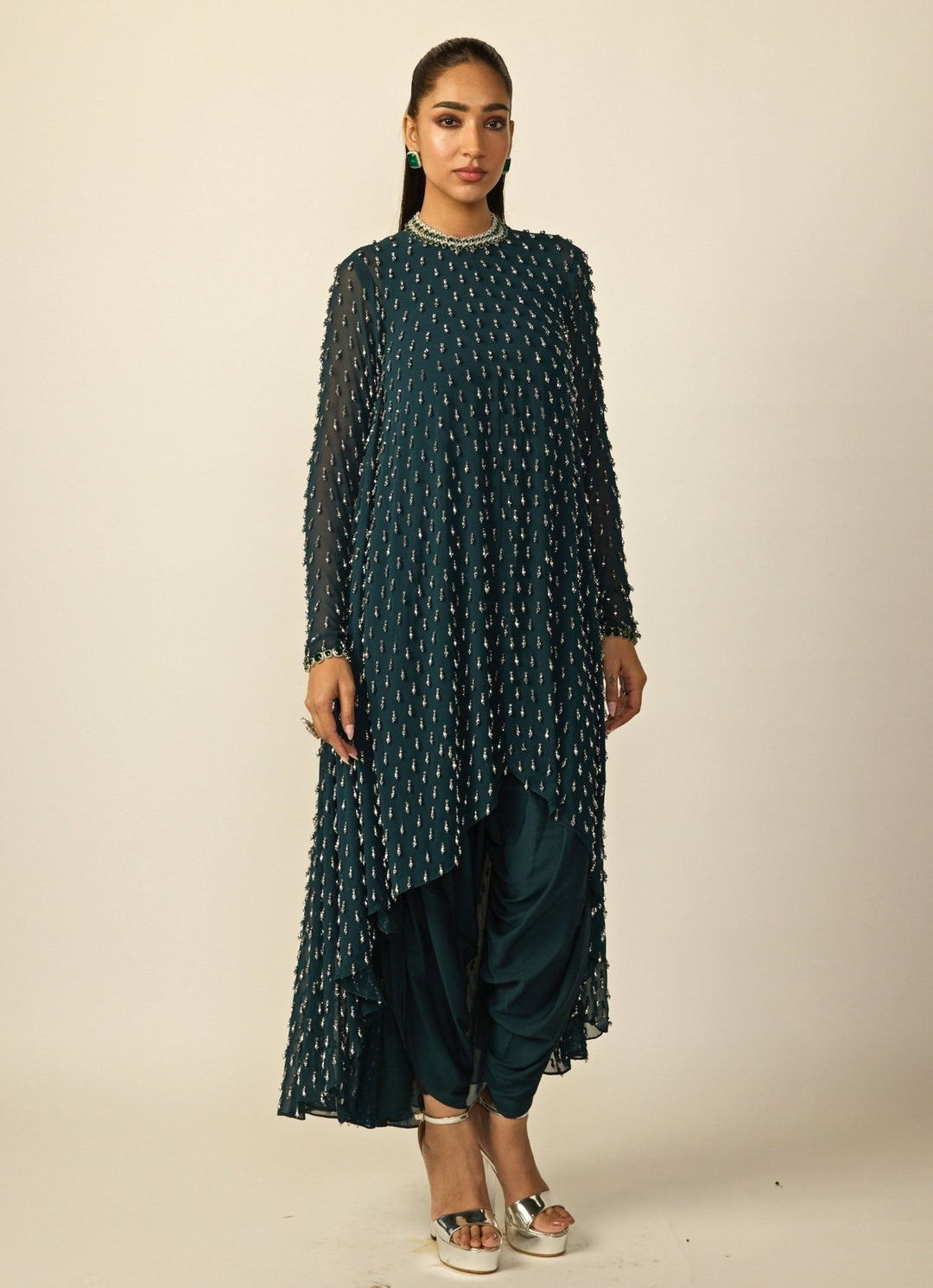 Teal Green Georgette High Low Kurta Pants Set Vvani by Vani Vats - Fabilicious Fashion