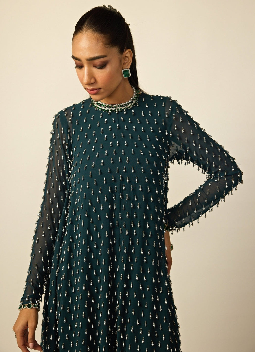 Teal Green Georgette High Low Kurta Pants Set Vvani by Vani Vats - Fabilicious Fashion