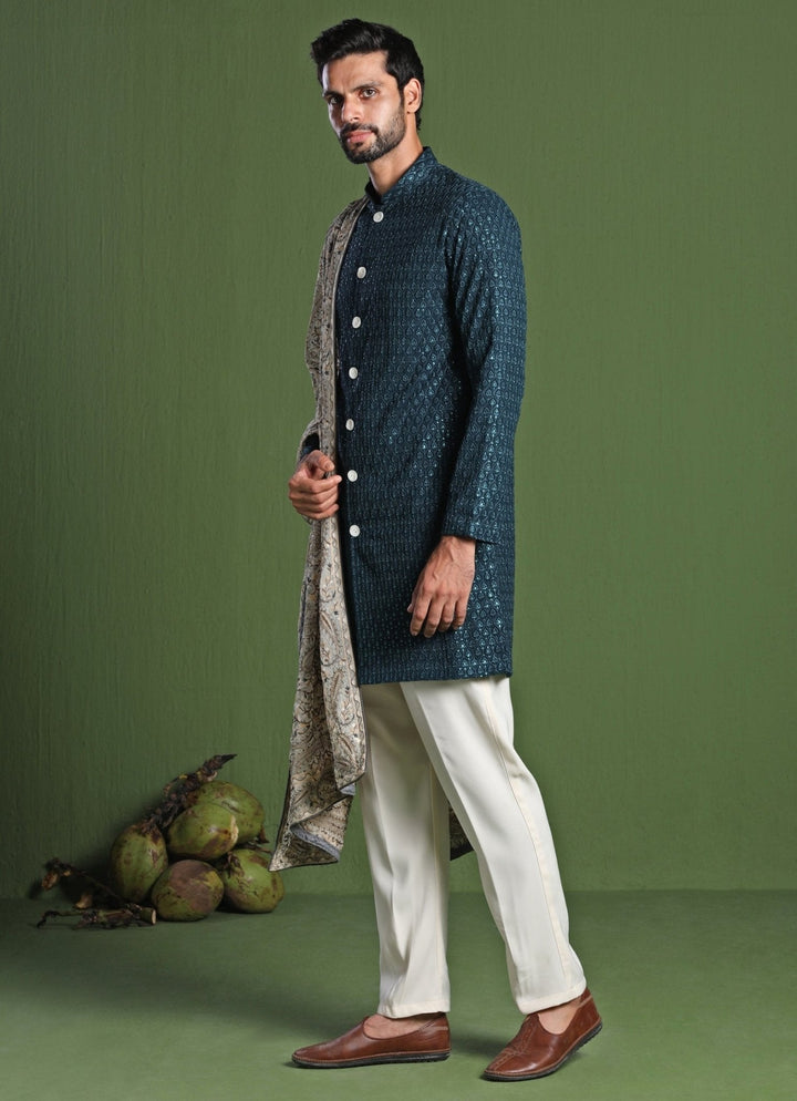 Teal Short Kurta Set With Embroidered Dupatta Kalpraag - Fabilicious Fashion