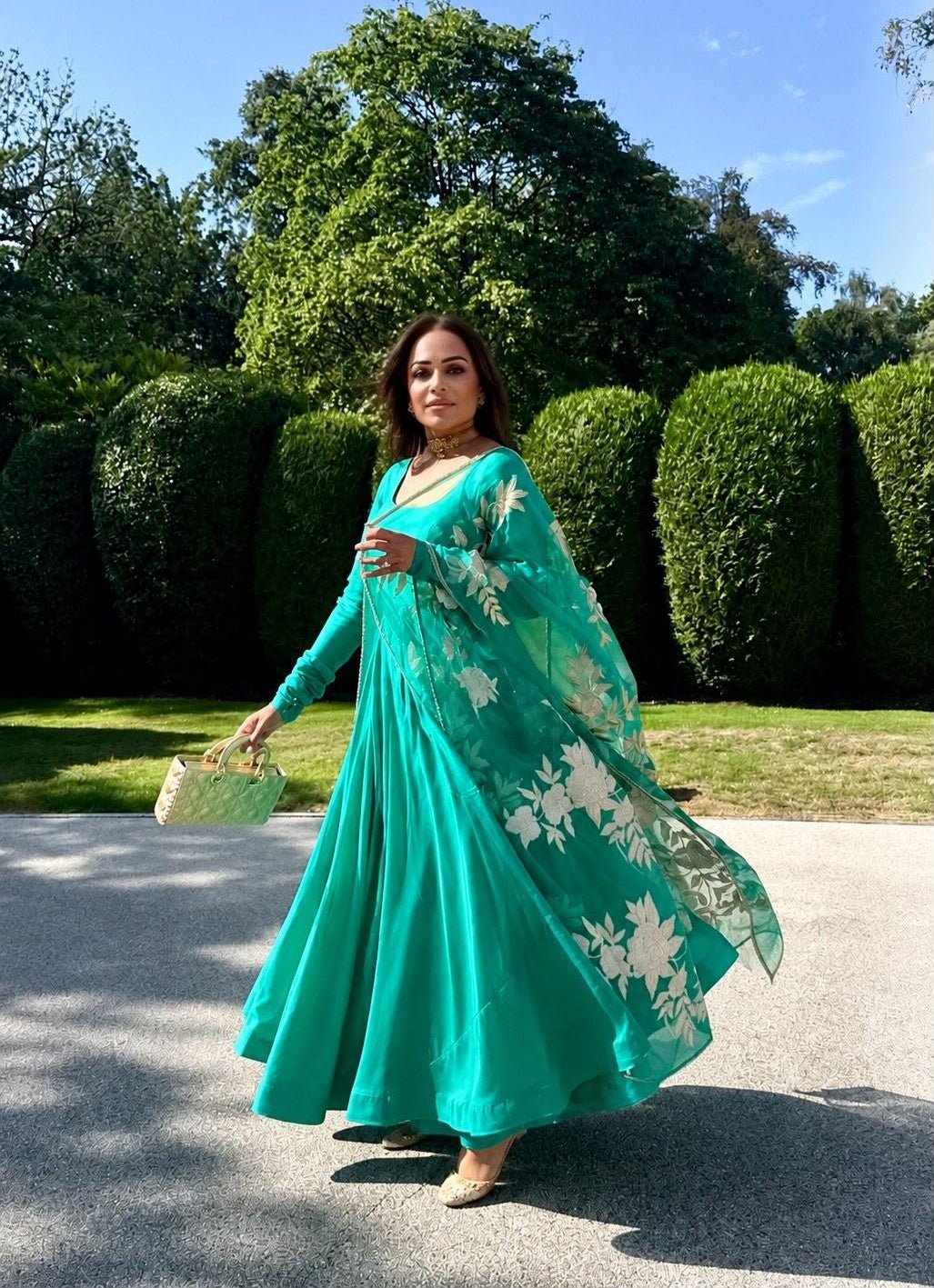 Detail of The Punam Gul Anarkali green Chanderi silk with gold-embroidered organza dupatta