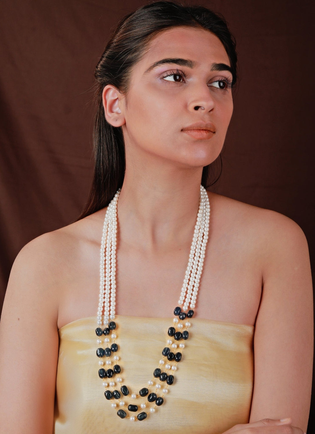Three Layer Blue Sapphire And Pearl Necklace Riana by Shikha Jindal - Fabilicious Fashion