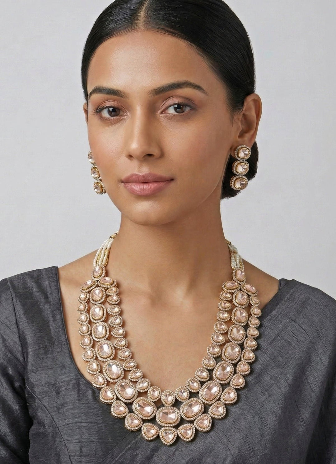 Three Layer Dual Tone Polki Bridal Necklace Set Zevar by Geeta - Fabilicious Fashion
