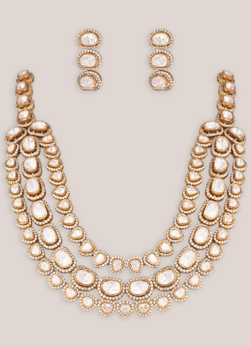 Three Layer Dual Tone Polki Bridal Necklace Set Zevar by Geeta - Fabilicious Fashion