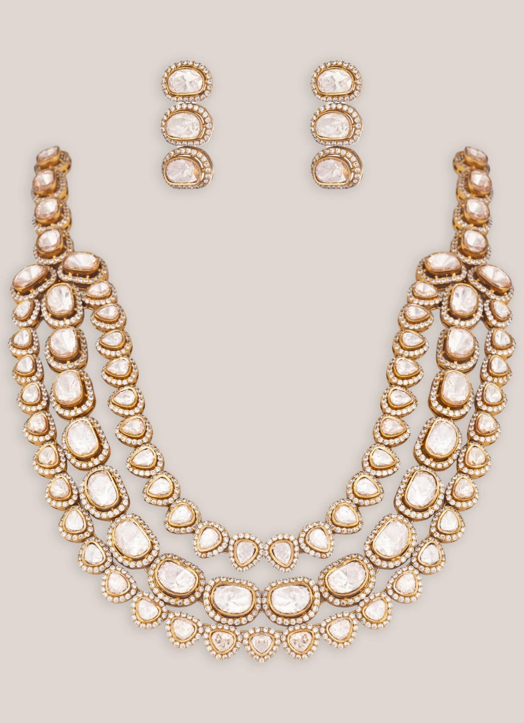 Three Layer Dual Tone Polki Bridal Necklace Set Zevar by Geeta - Fabilicious Fashion