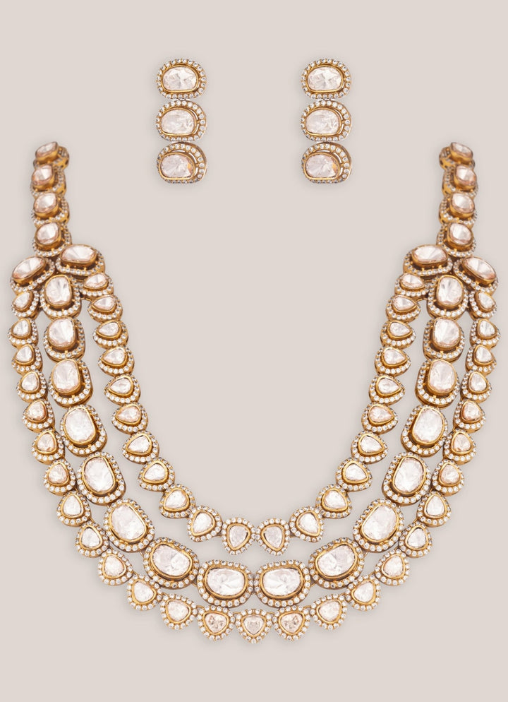 Three Layer Dual Tone Polki Bridal Necklace Set Zevar by Geeta - Fabilicious Fashion