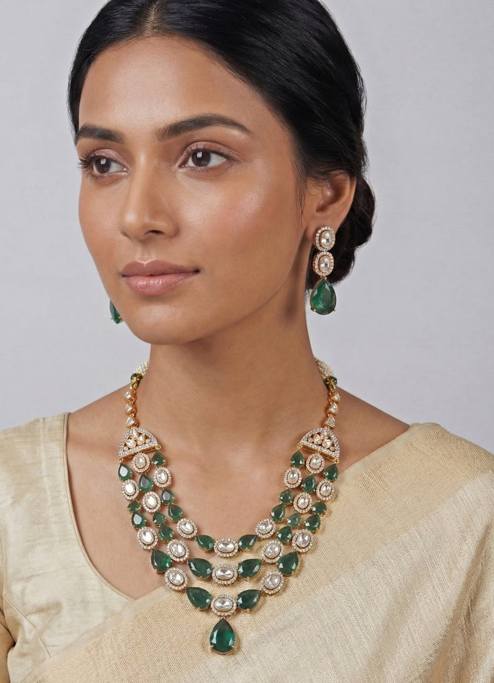 Zevar by Geeta Three Layer Dual Tone Polki Necklace Set With Green StonesFabilicious Fashion