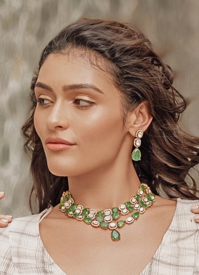 Zevar by Geeta Three Layer Dual Tone Polki Necklace Set With Green StonesFabilicious Fashion