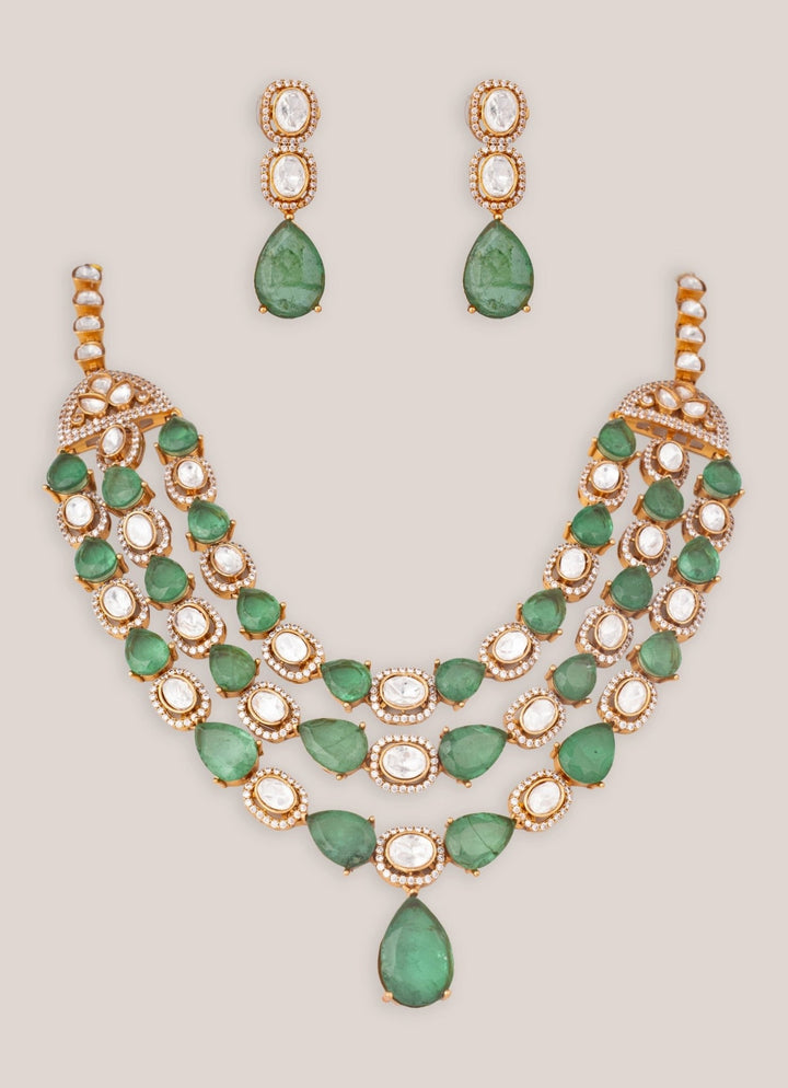 Zevar by Geeta Three Layer Dual Tone Polki Necklace Set With Green StonesFabilicious Fashion