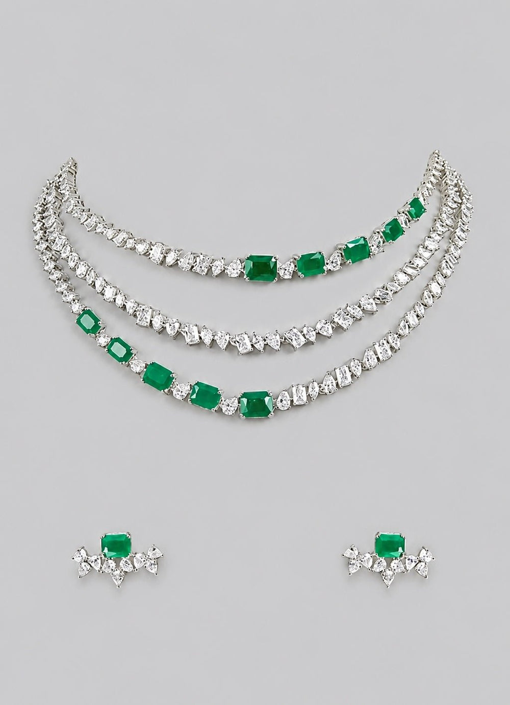 Zevar by Geeta Three Layer Emerald And Diamond Necklace SetFabilicious Fashion