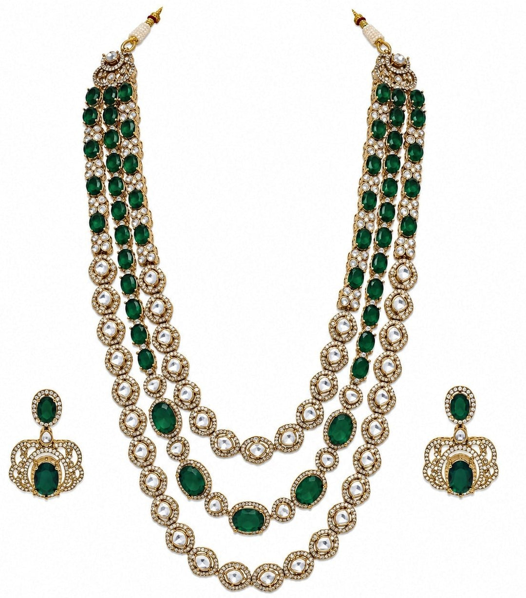 Vivinia By Vidhi Mehra Three Layer Emerald Green Moissanite Necklace SetFabilicious Fashion
