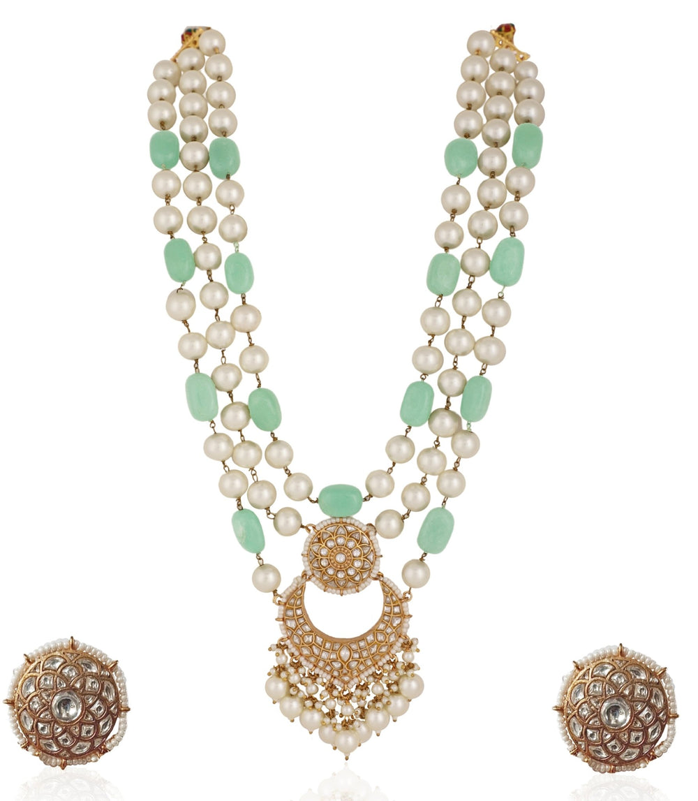Three Layer Emerald Sea Green and Pearl Necklace set Riana by Shikha Jindal - Fabilicious Fashion