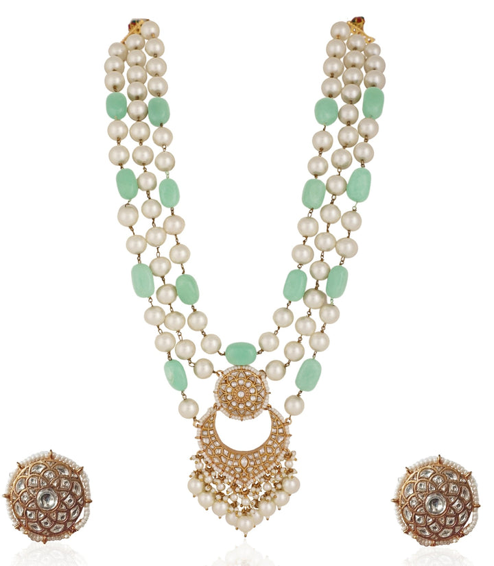 Three Layer Emerald Sea Green and Pearl Necklace set Riana by Shikha Jindal - Fabilicious Fashion