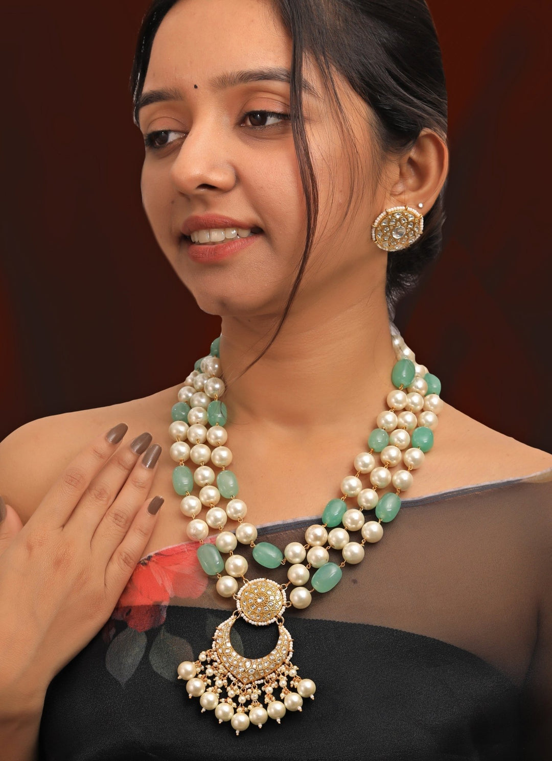 Three Layer Emerald Sea Green and Pearl Necklace set Riana by Shikha Jindal - Fabilicious Fashion