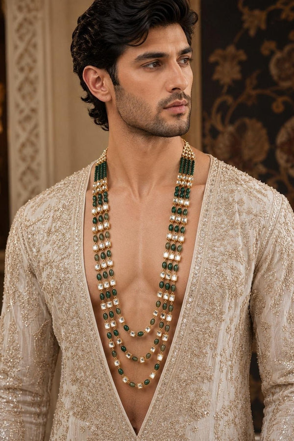 Vivinia By Vidhi Mehra Three Layer Green Beaded Kundan Groom MalaFabilicious Fashion