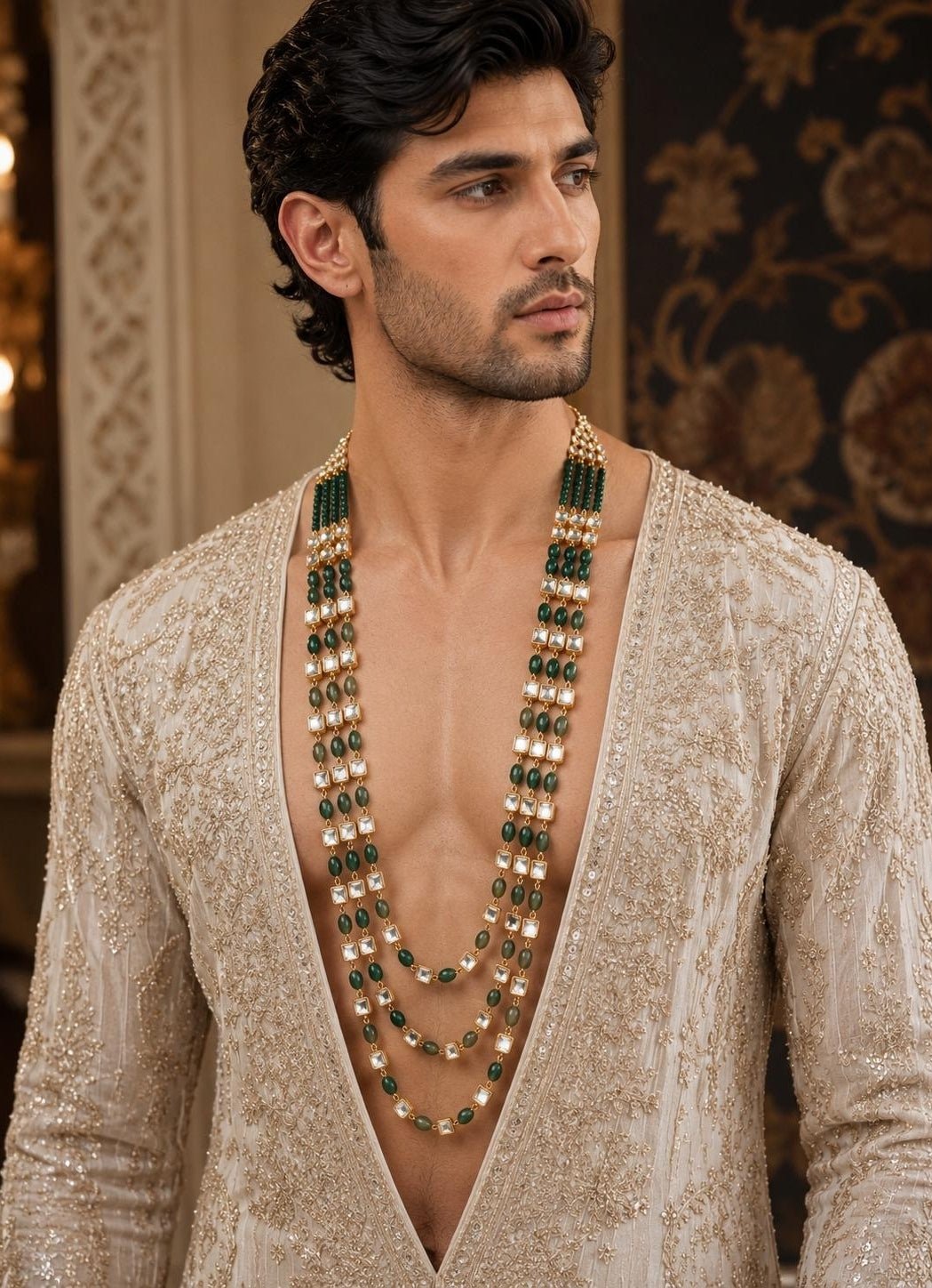 Vivinia By Vidhi Mehra Three Layer Green Beaded Kundan Groom MalaFabilicious Fashion