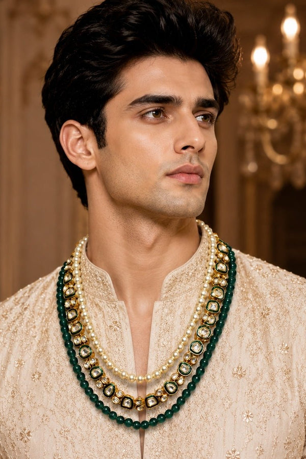 Vivinia By Vidhi Mehra Three-Layer Green Beaded Pearl Kundan Groom MalaFabilicious Fashion