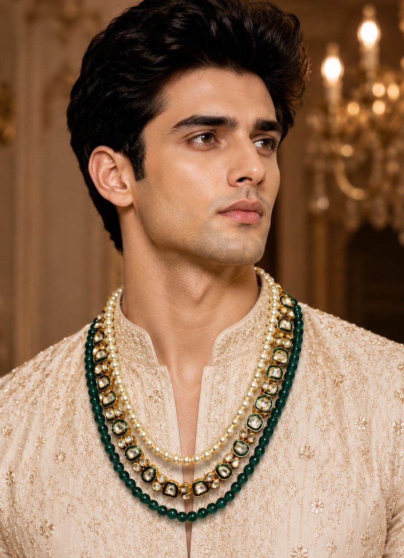 Vivinia By Vidhi Mehra Three-Layer Green Beaded Pearl Kundan Groom MalaFabilicious Fashion