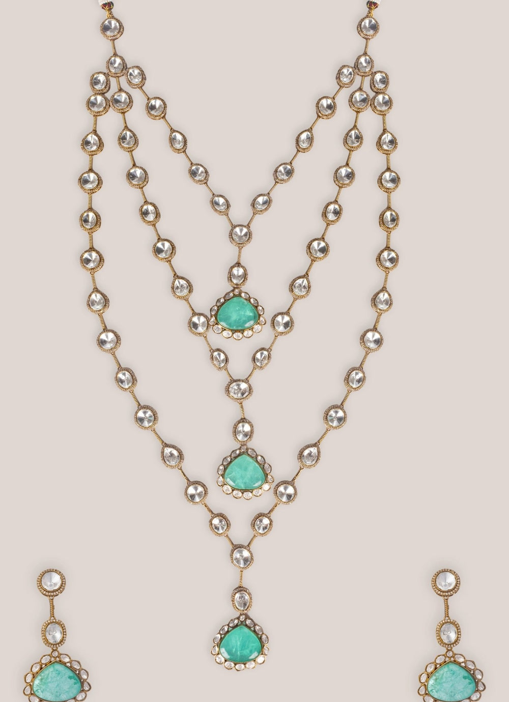 Zevar by Geeta Three Layer Long Kundan Green Polki Necklace SetFabilicious Fashion