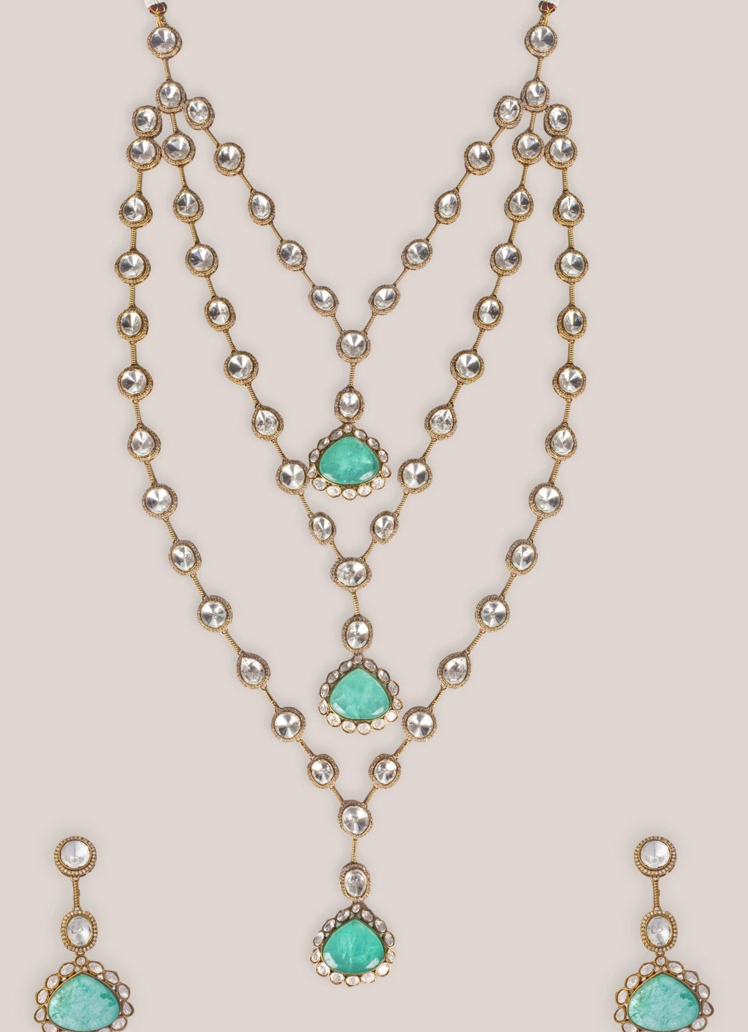 Zevar by Geeta Three Layer Long Kundan Green Polki Necklace SetFabilicious Fashion