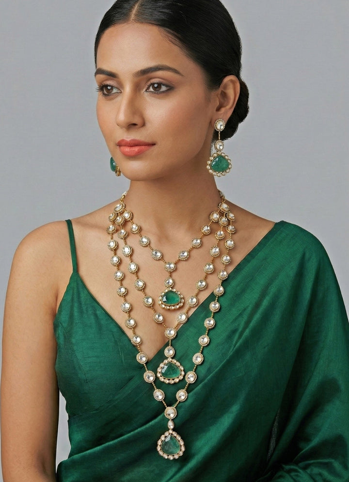 Zevar by Geeta Three Layer Long Kundan Green Polki Necklace SetFabilicious Fashion