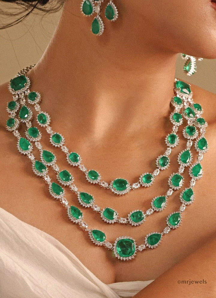 Three Layered Rhodium Plated Emerald Necklace Set Mr Jewels - Fabilicious Fashion