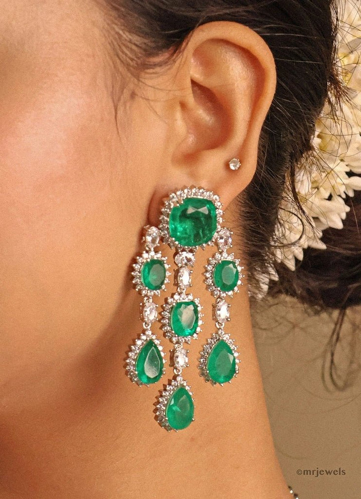 Three Layered Rhodium Plated Emerald Necklace Set Mr Jewels - Fabilicious Fashion