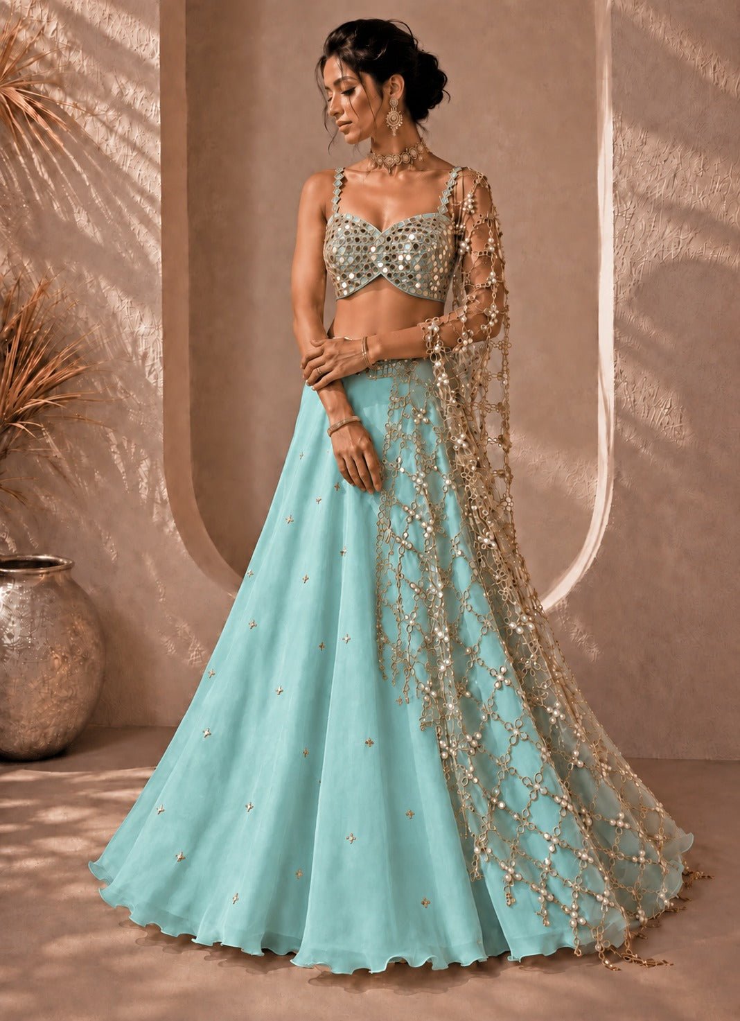 Anisha Shetty Tiffany Blue and Muted Gold Organza Lehenga with Mirror BlouseFabilicious Fashion