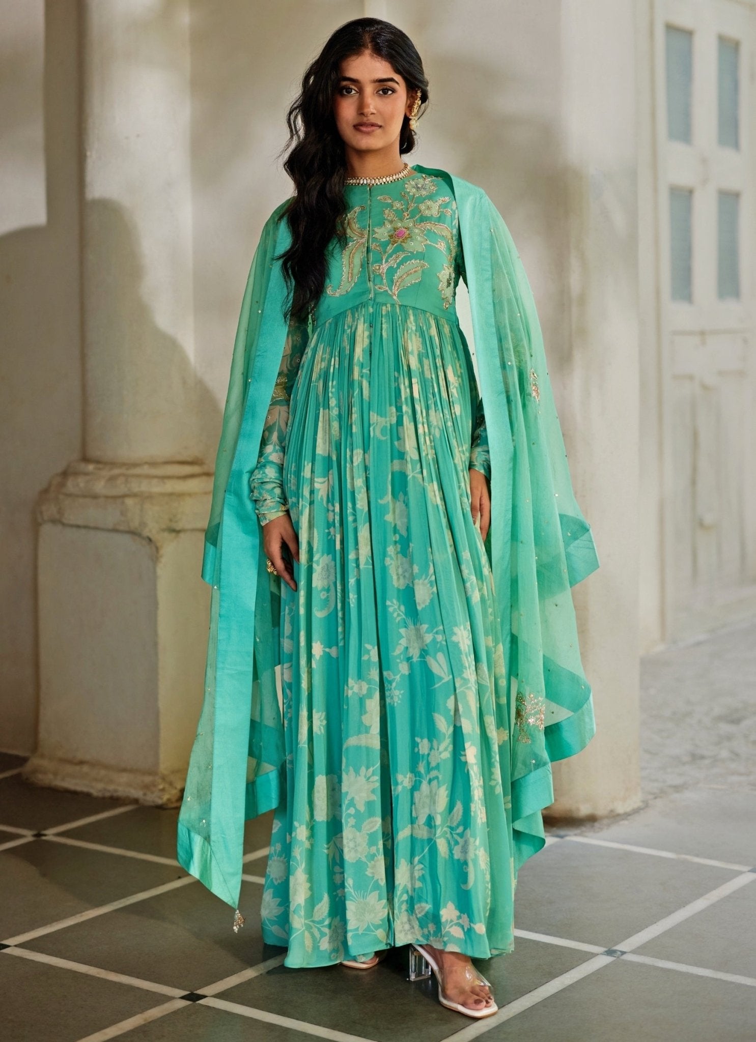 Tiffany blue georgette anarkali cape set — Eid kurta set by Paulmi and Harsh